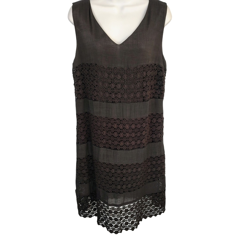 Azucar Black Crochet‎ Lace Sleeveless V-Neck Shift Dress Womens Large Boho LBD